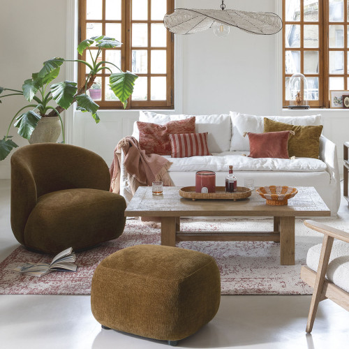 Pouf LISETTE en tissu velours marbré - Tabac